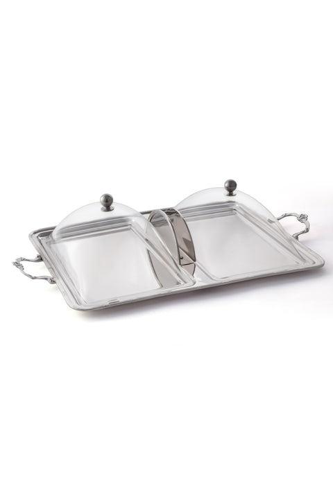 Two-sectional serving tray with covers-  صينية تقديم قسمين بالغطاء